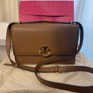 Tory Burch Limited Edition Brown Leather Shoulder Bag with Gold Emblem